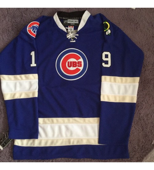 Custom Jonathan Toews 19 Chicago Blackhawks Chicago Cubs Blue Hockey Jersey